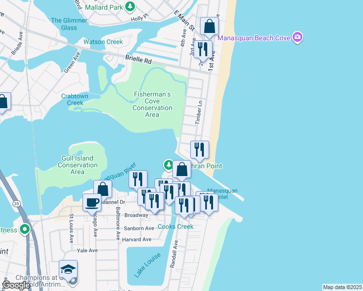 map of restaurants, bars, coffee shops, grocery stores, and more near 551 Perch Avenue in Manasquan