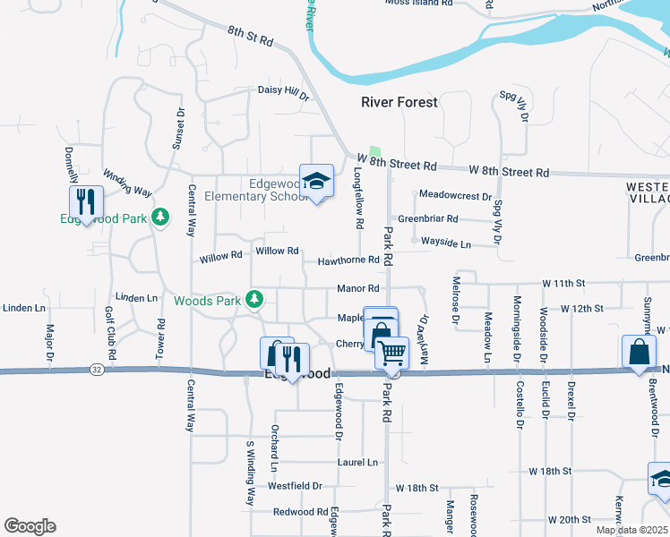 map of restaurants, bars, coffee shops, grocery stores, and more near 3431 Hawthorne Road in Anderson
