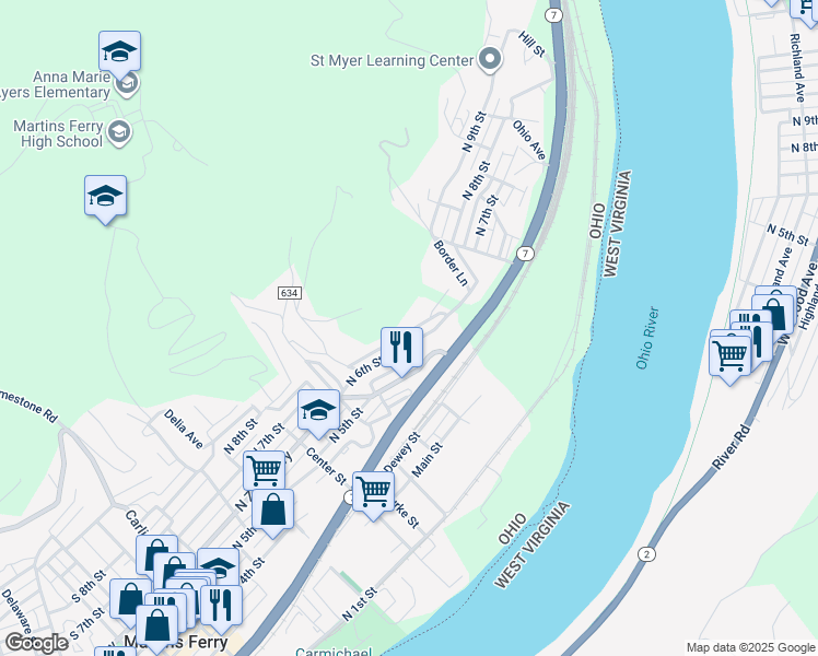 map of restaurants, bars, coffee shops, grocery stores, and more near 825 Woods Alley in Martins Ferry