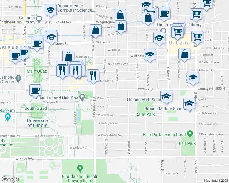 map of restaurants, bars, coffee shops, grocery stores, and more near 703 West Washington Street in Urbana