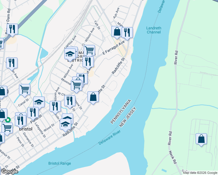 map of restaurants, bars, coffee shops, grocery stores, and more near 16756 River View Circle in Bristol