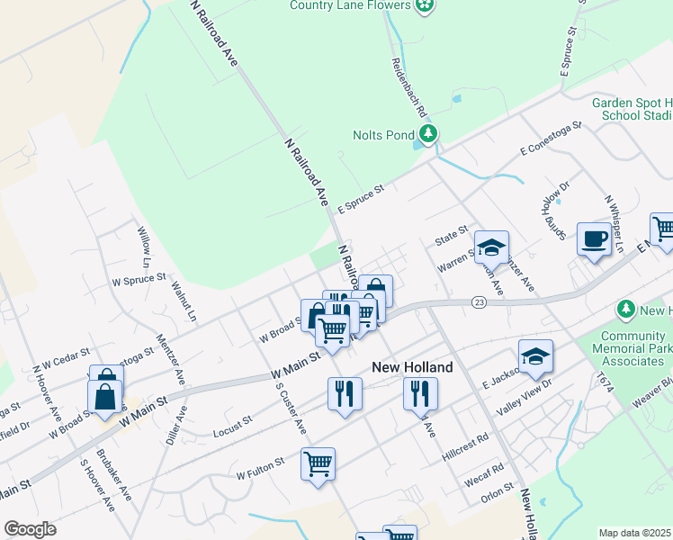 map of restaurants, bars, coffee shops, grocery stores, and more near 124 East Conestoga Street in New Holland