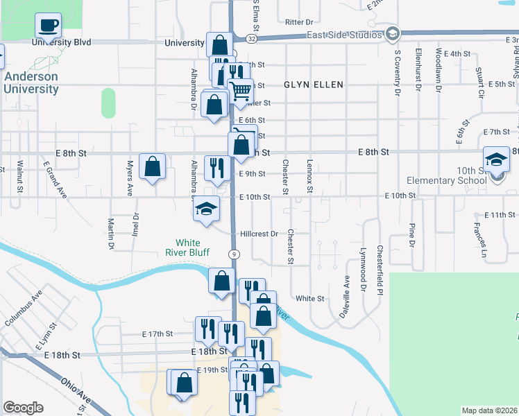 map of restaurants, bars, coffee shops, grocery stores, and more near 2303 East 10th Street in Anderson