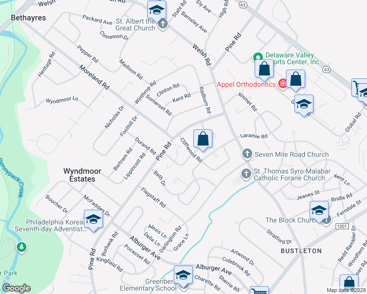 map of restaurants, bars, coffee shops, grocery stores, and more near 107 Cliffwood Road in Philadelphia