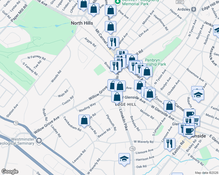 map of restaurants, bars, coffee shops, grocery stores, and more near 70 Limekiln Pike in Glenside