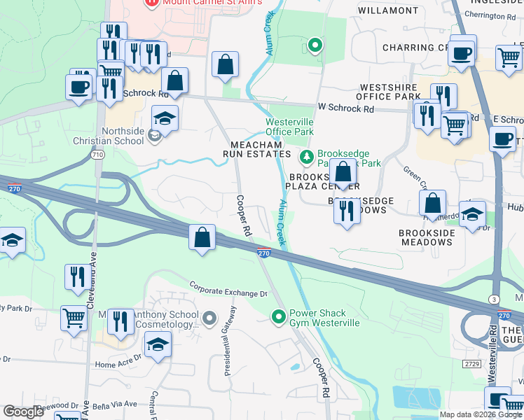 map of restaurants, bars, coffee shops, grocery stores, and more near 6591 Cooper Meadows Road in Westerville