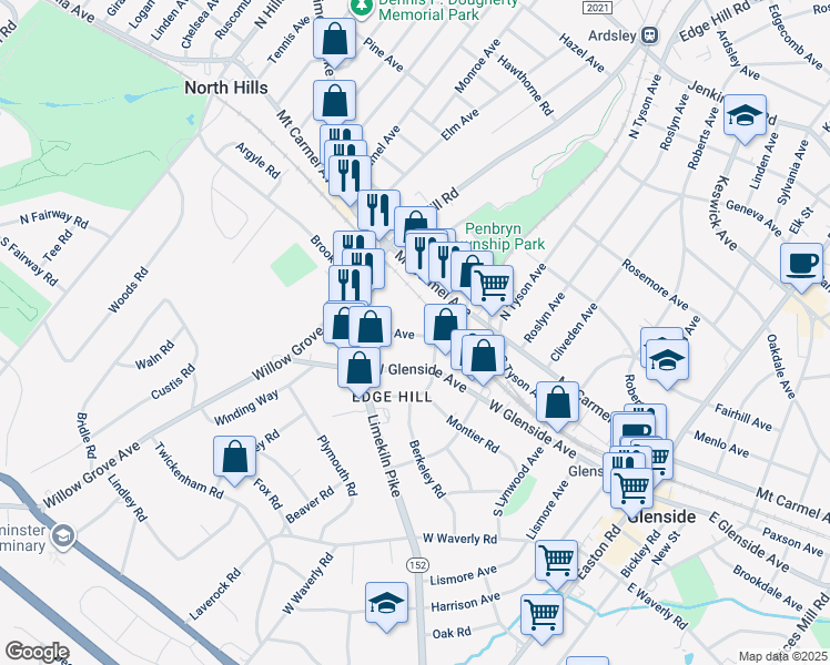 map of restaurants, bars, coffee shops, grocery stores, and more near 513 East Avenue in Glenside