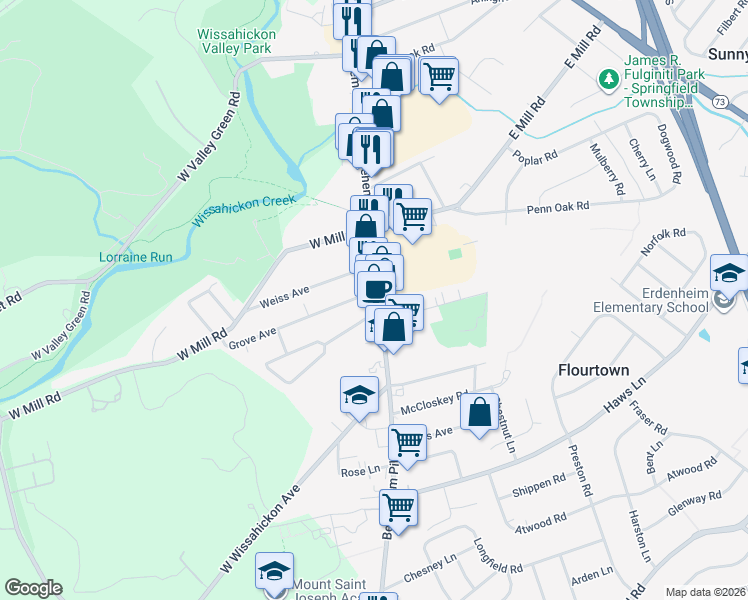 map of restaurants, bars, coffee shops, grocery stores, and more near 1518 Bethlehem Pike in Flourtown
