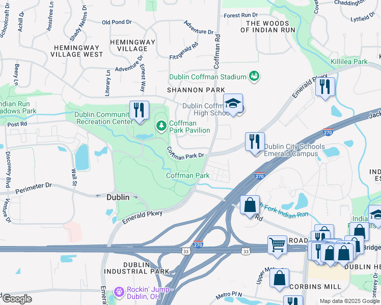 map of restaurants, bars, coffee shops, grocery stores, and more near 5347 Shannon Park Drive in Dublin