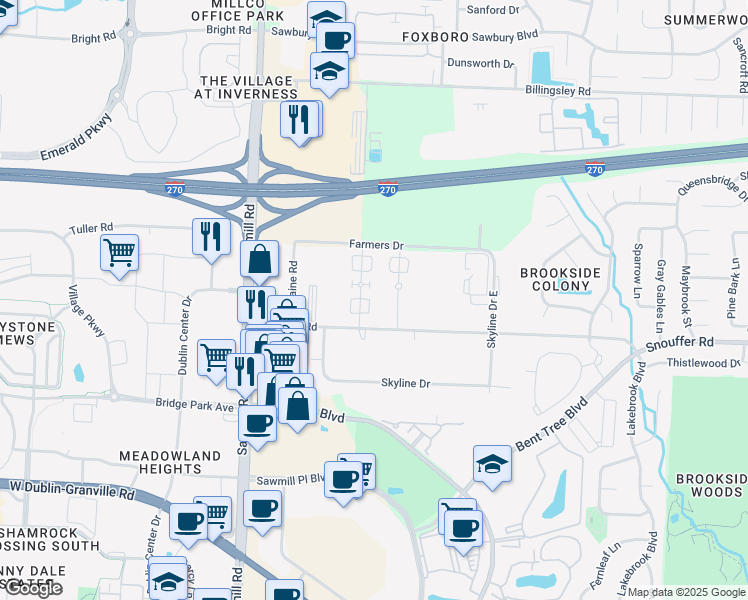 map of restaurants, bars, coffee shops, grocery stores, and more near 7335 Cimmaron Station in Columbus
