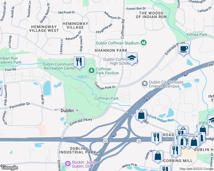 map of restaurants, bars, coffee shops, grocery stores, and more near 5347 Shannon Park Drive in Dublin