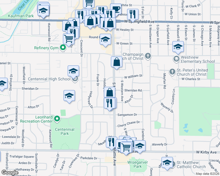 map of restaurants, bars, coffee shops, grocery stores, and more near 1003 South Mattis Avenue in Champaign