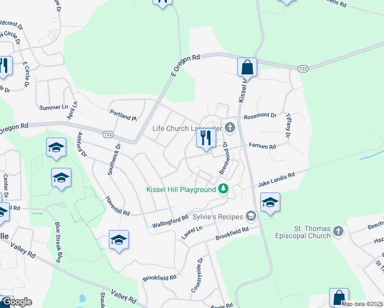map of restaurants, bars, coffee shops, grocery stores, and more near 607 Thornberry Lane in Lititz