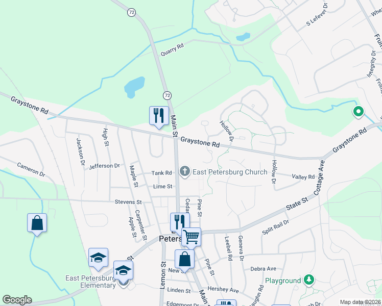 map of restaurants, bars, coffee shops, grocery stores, and more near 2056 Graystone Road in East Petersburg