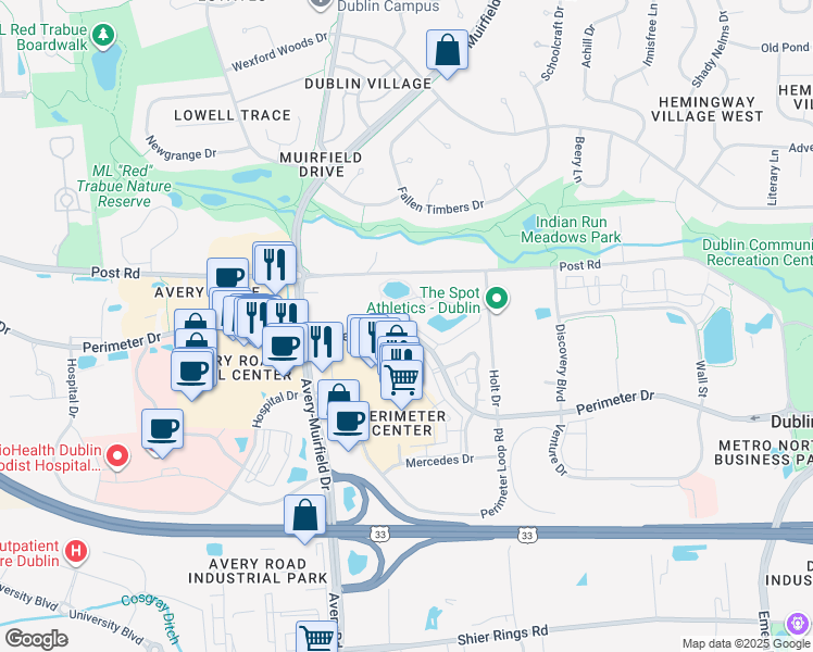 map of restaurants, bars, coffee shops, grocery stores, and more near 6100 Perimeter Lakes Drive in Dublin