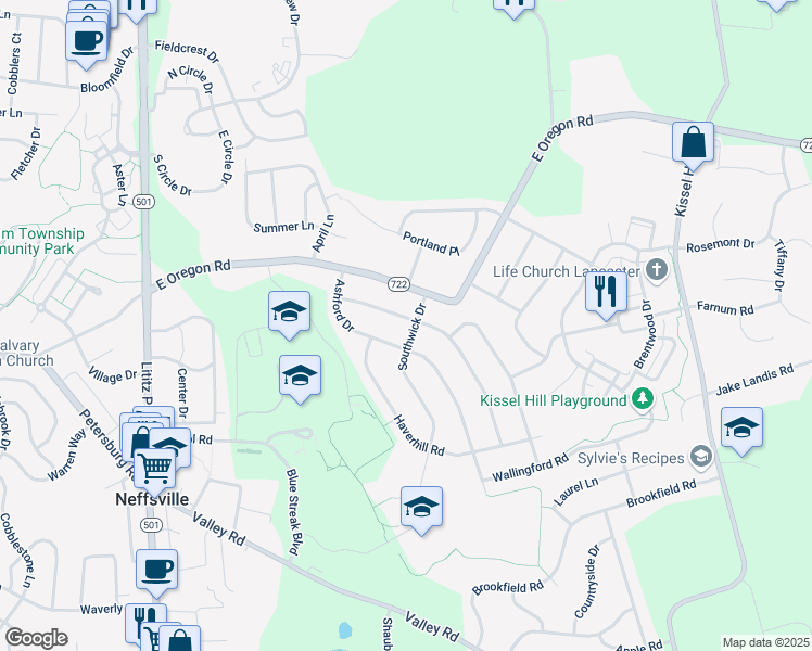 map of restaurants, bars, coffee shops, grocery stores, and more near 2869 Southwick Drive in Lancaster