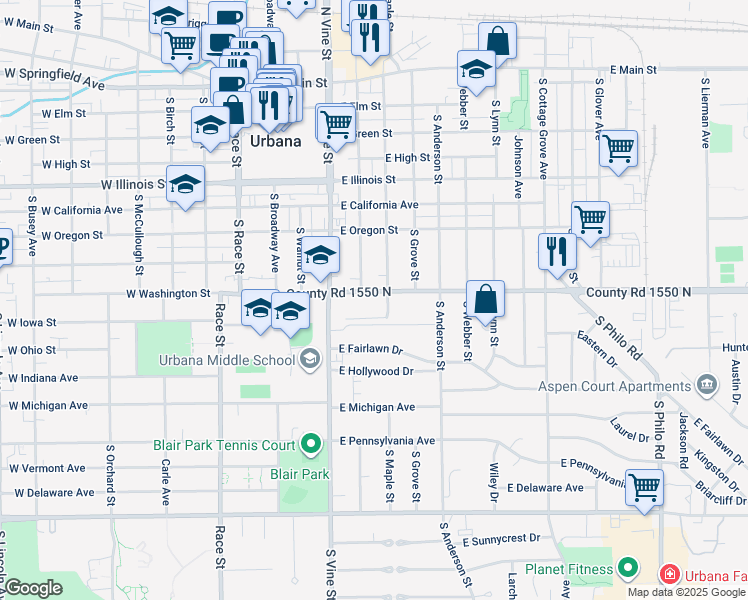 map of restaurants, bars, coffee shops, grocery stores, and more near 407 East Washington Street in Urbana