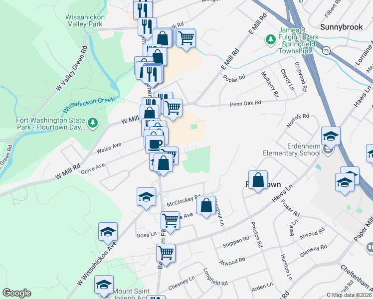 map of restaurants, bars, coffee shops, grocery stores, and more near 35 Bysher Avenue in Flourtown