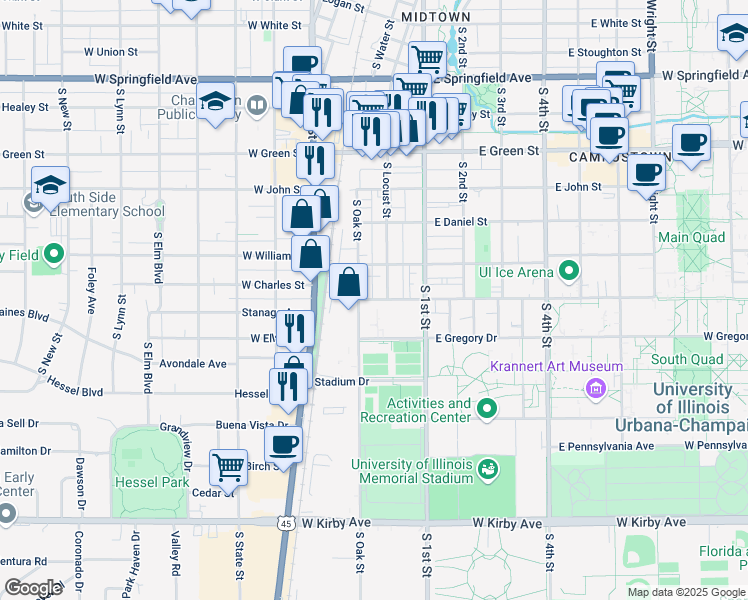 map of restaurants, bars, coffee shops, grocery stores, and more near 53 East Armory Avenue in Champaign