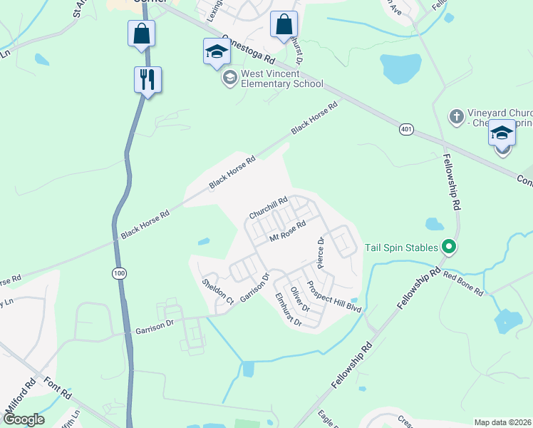 map of restaurants, bars, coffee shops, grocery stores, and more near 663 Churchill Rd in Chester Springs