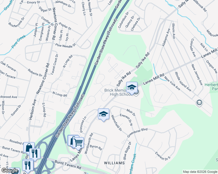 map of restaurants, bars, coffee shops, grocery stores, and more near 9 Sutton Drive in Brick Township