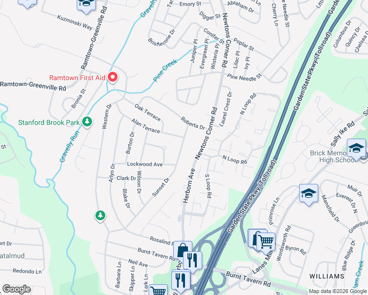 map of restaurants, bars, coffee shops, grocery stores, and more near 57 Sunset Drive in Howell Township