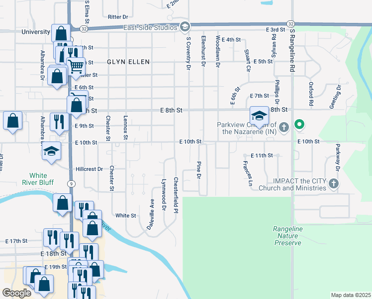 map of restaurants, bars, coffee shops, grocery stores, and more near 1019 Evergreen Court in Anderson