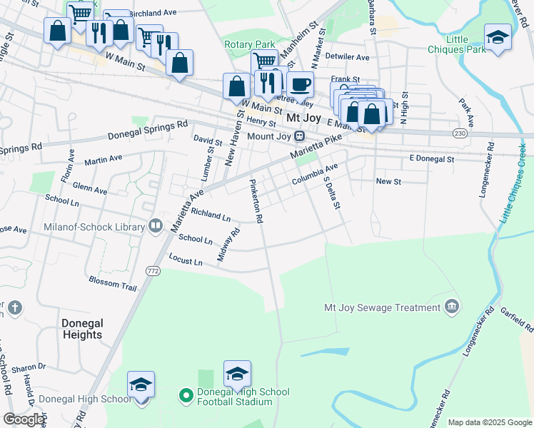 map of restaurants, bars, coffee shops, grocery stores, and more near 206 Pinkerton Road in Mount Joy