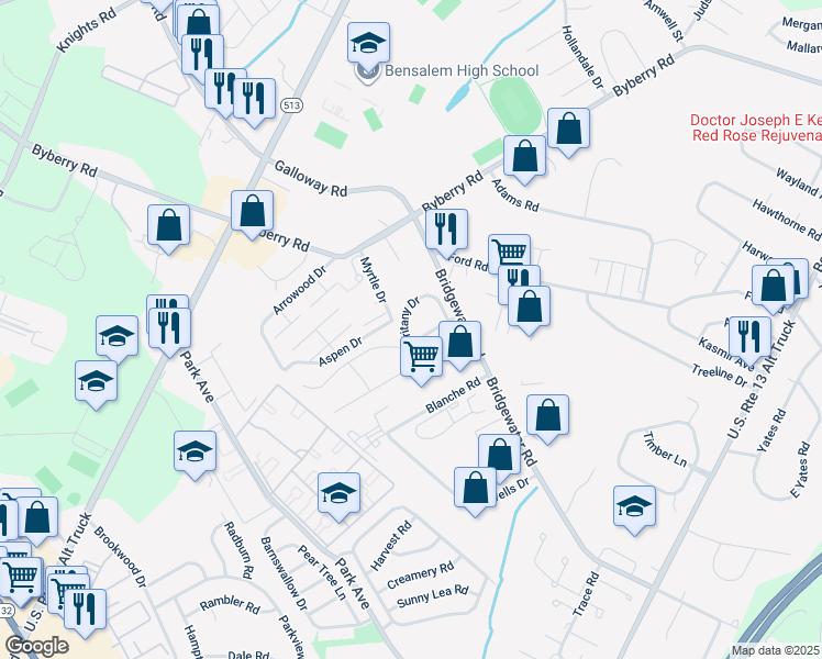 map of restaurants, bars, coffee shops, grocery stores, and more near 1648 Britany Drive in Bensalem
