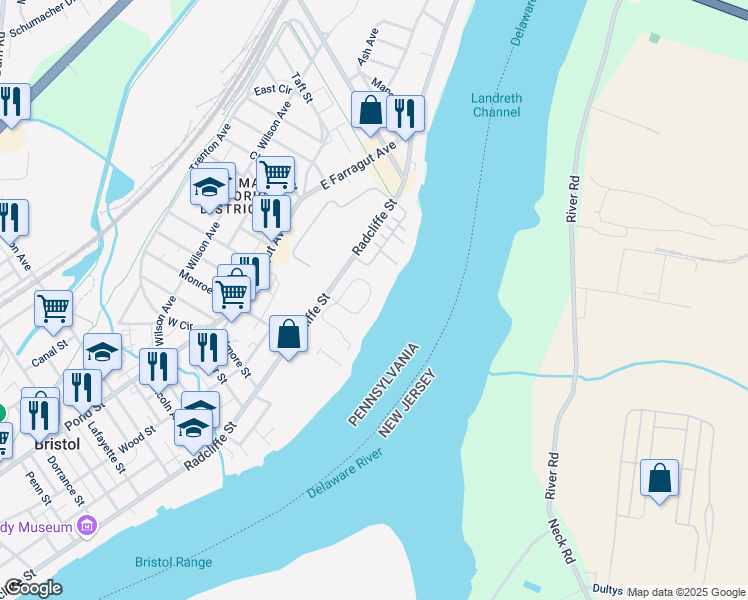 map of restaurants, bars, coffee shops, grocery stores, and more near 16741 River View Circle in Bristol
