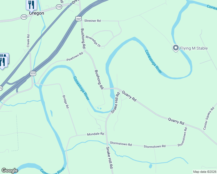 map of restaurants, bars, coffee shops, grocery stores, and more near 283 Bushong Road in Lancaster County