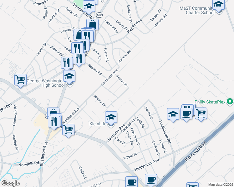 map of restaurants, bars, coffee shops, grocery stores, and more near 10216 Dedaker Street in Philadelphia