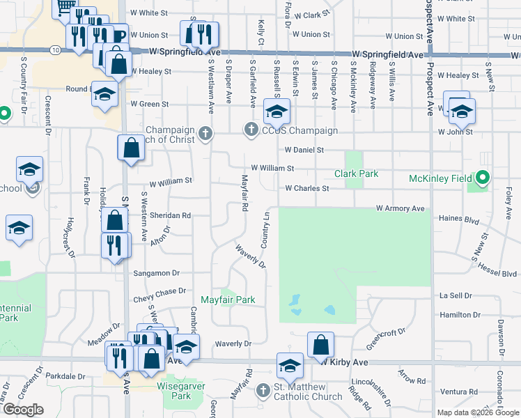 map of restaurants, bars, coffee shops, grocery stores, and more near 1102 Mayfair Road in Champaign