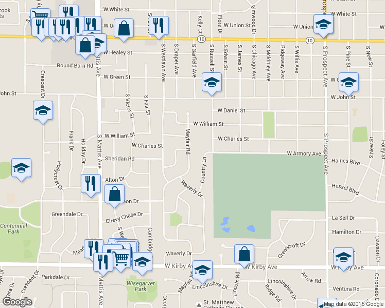 map of restaurants, bars, coffee shops, grocery stores, and more near 1102 Mayfair Road in Champaign