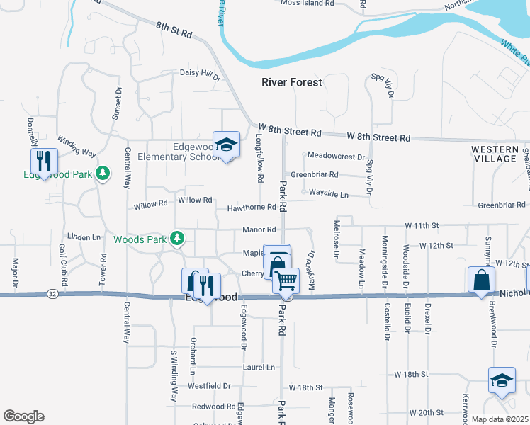 map of restaurants, bars, coffee shops, grocery stores, and more near 3329 Hawthorne Road in Anderson