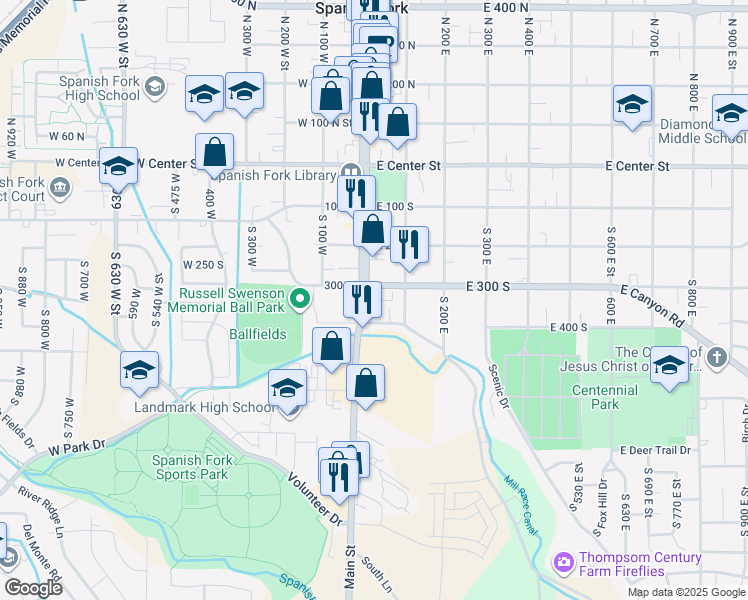 map of restaurants, bars, coffee shops, grocery stores, and more near 42 East 300 South in Spanish Fork
