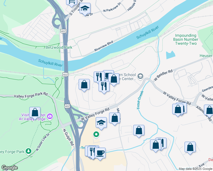 map of restaurants, bars, coffee shops, grocery stores, and more near 3000 Valley Forge Circle in King of Prussia