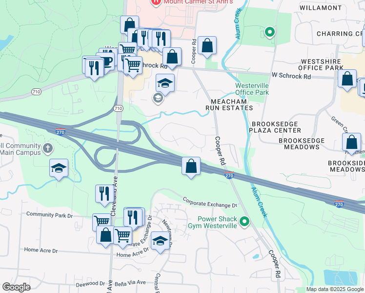 map of restaurants, bars, coffee shops, grocery stores, and more near 6620 Treeview Court in Columbus