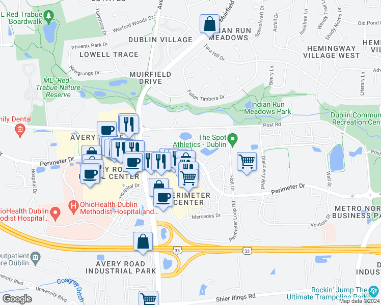 map of restaurants, bars, coffee shops, grocery stores, and more near 6100 Perimeter Lakes Drive in Dublin