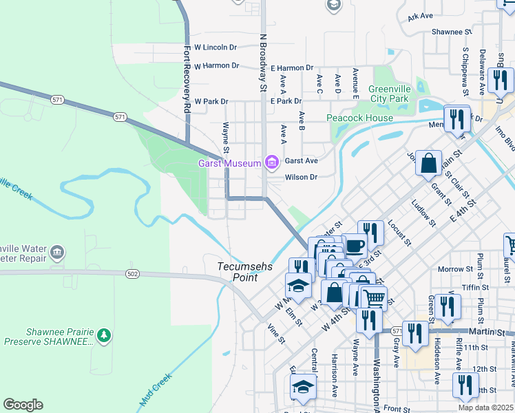map of restaurants, bars, coffee shops, grocery stores, and more near 107 North Main Street in Greenville