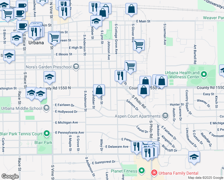 map of restaurants, bars, coffee shops, grocery stores, and more near 909 East Washington Street in Urbana