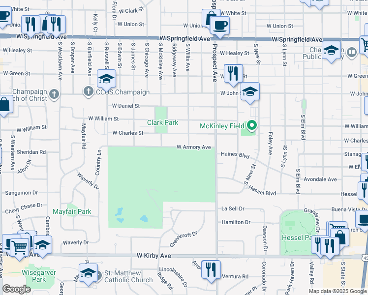 map of restaurants, bars, coffee shops, grocery stores, and more near 924 West Armory Avenue in Champaign