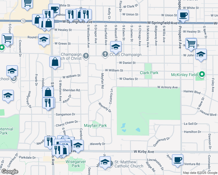 map of restaurants, bars, coffee shops, grocery stores, and more near 1102 Mayfair Road in Champaign