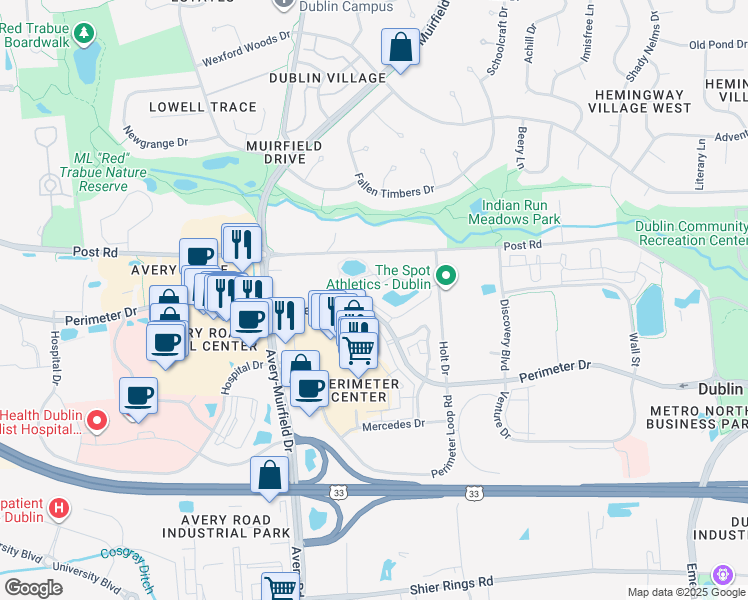 map of restaurants, bars, coffee shops, grocery stores, and more near 6100 Perimeter Lakes Drive in Dublin