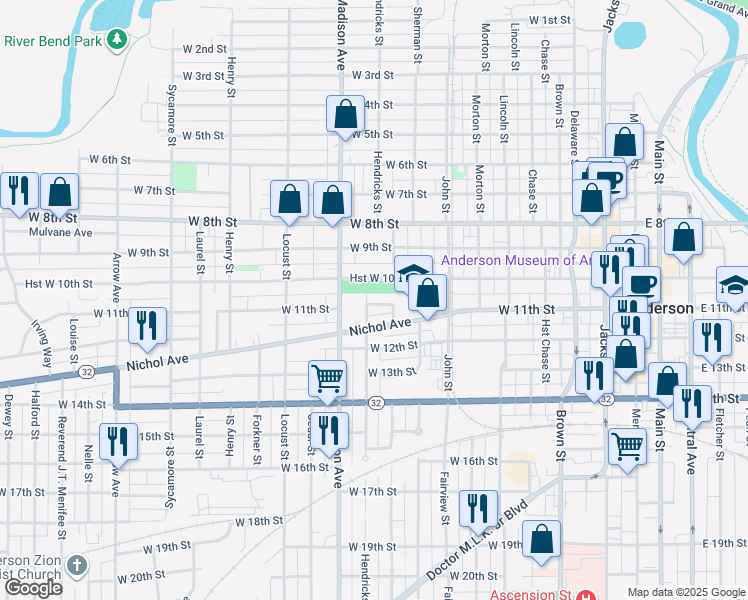 map of restaurants, bars, coffee shops, grocery stores, and more near 822 West 11th Street in Anderson