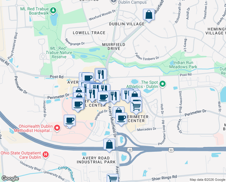 map of restaurants, bars, coffee shops, grocery stores, and more near 6280 Perimeter Drive in Dublin