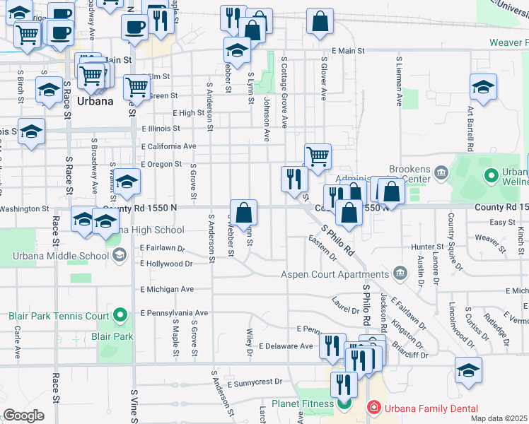 map of restaurants, bars, coffee shops, grocery stores, and more near 909 East Washington Street in Urbana