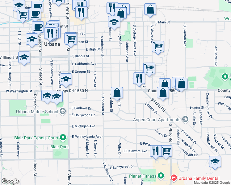 map of restaurants, bars, coffee shops, grocery stores, and more near 805 East Washington Street in Urbana