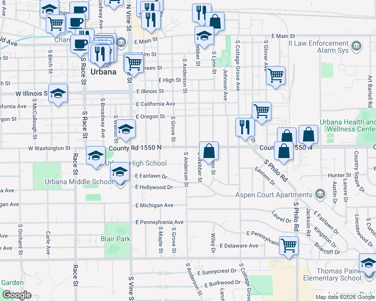 map of restaurants, bars, coffee shops, grocery stores, and more near 701 East Washington Street in Urbana