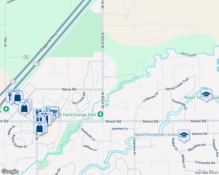 map of restaurants, bars, coffee shops, grocery stores, and more near 7205 Lacey Court in Longmont